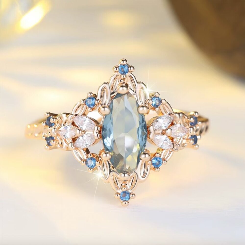 NEW 14k Yellow Gold Aquamarine Diamond Ring Marquise Cut Vintage Ring Band